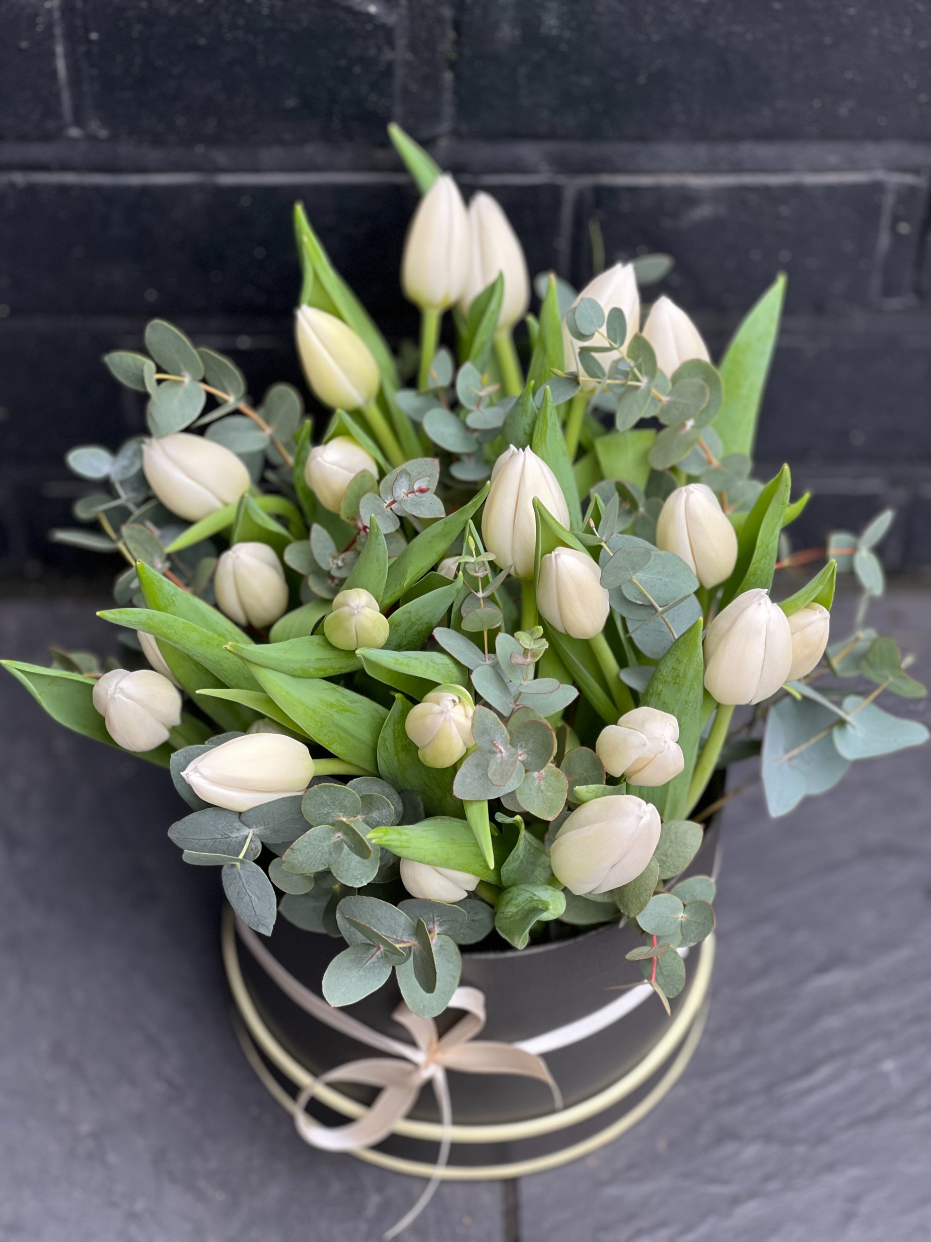 White tulips in a box
