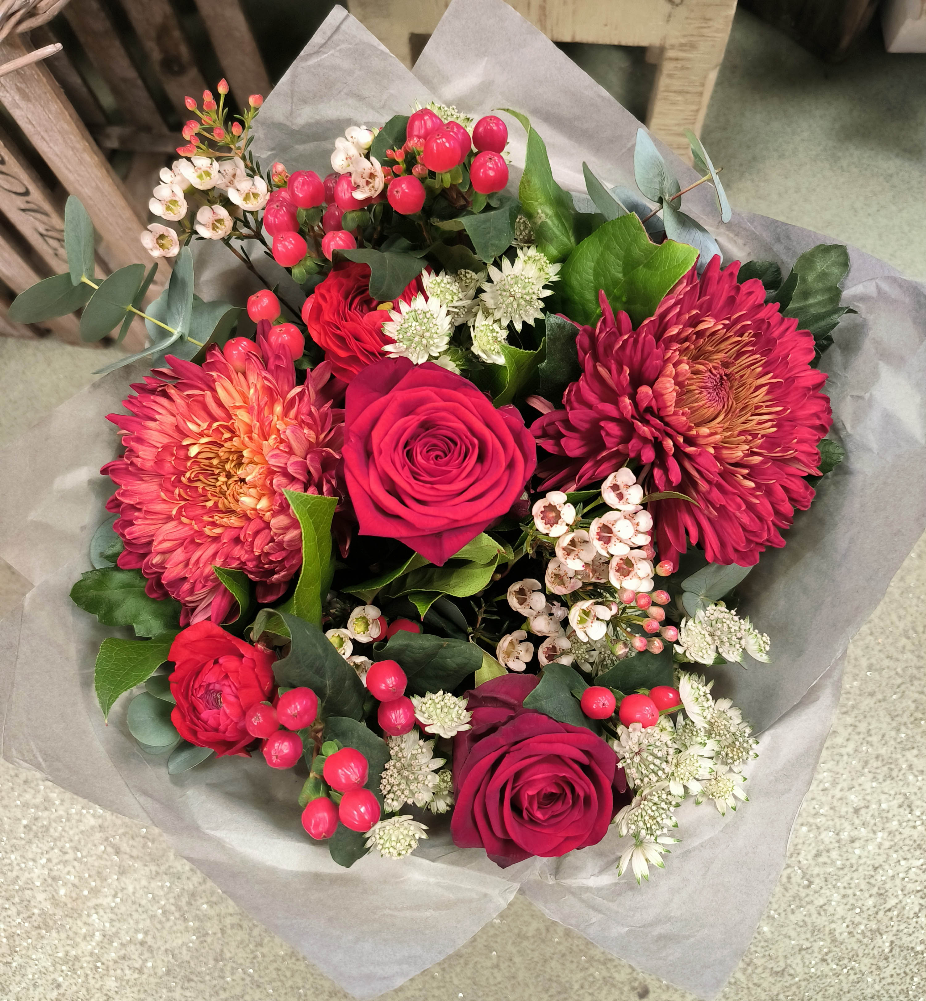 Red chrysanthemums by Iridescent Florals — flowers available for delivery from Floom