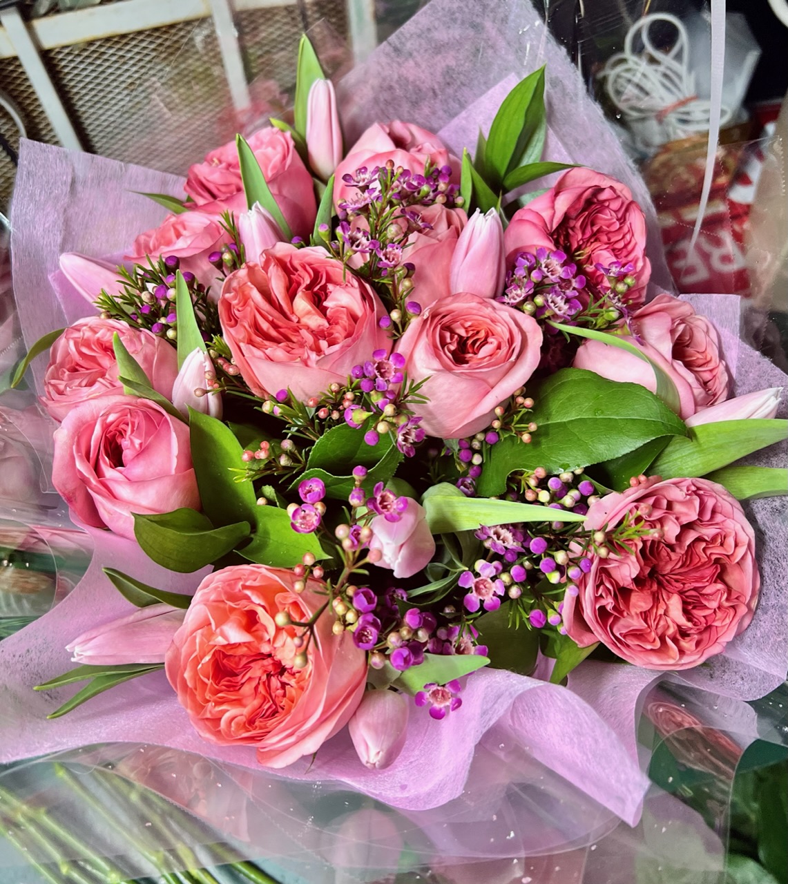 Pink roses and tulips