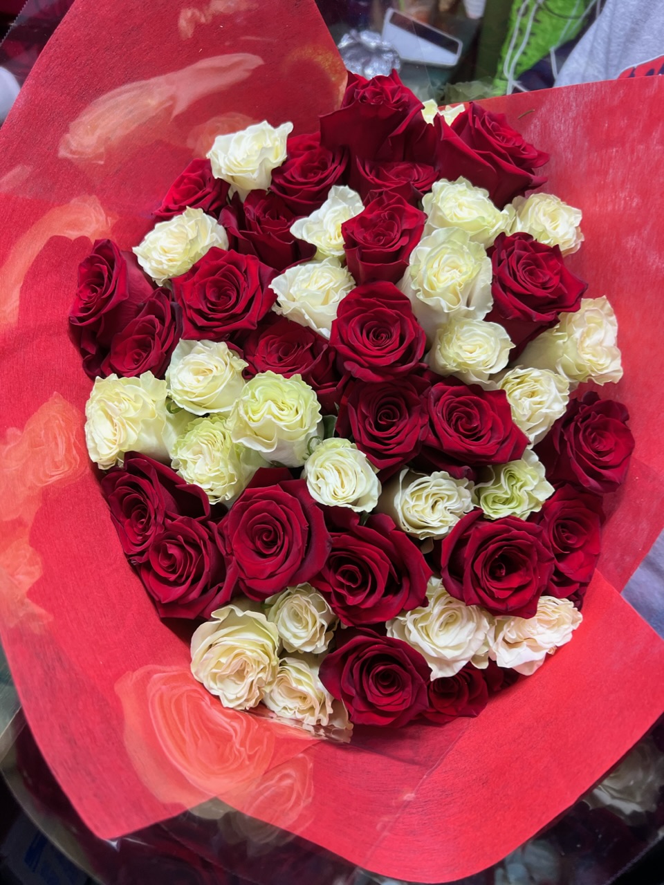 50 red and white rose