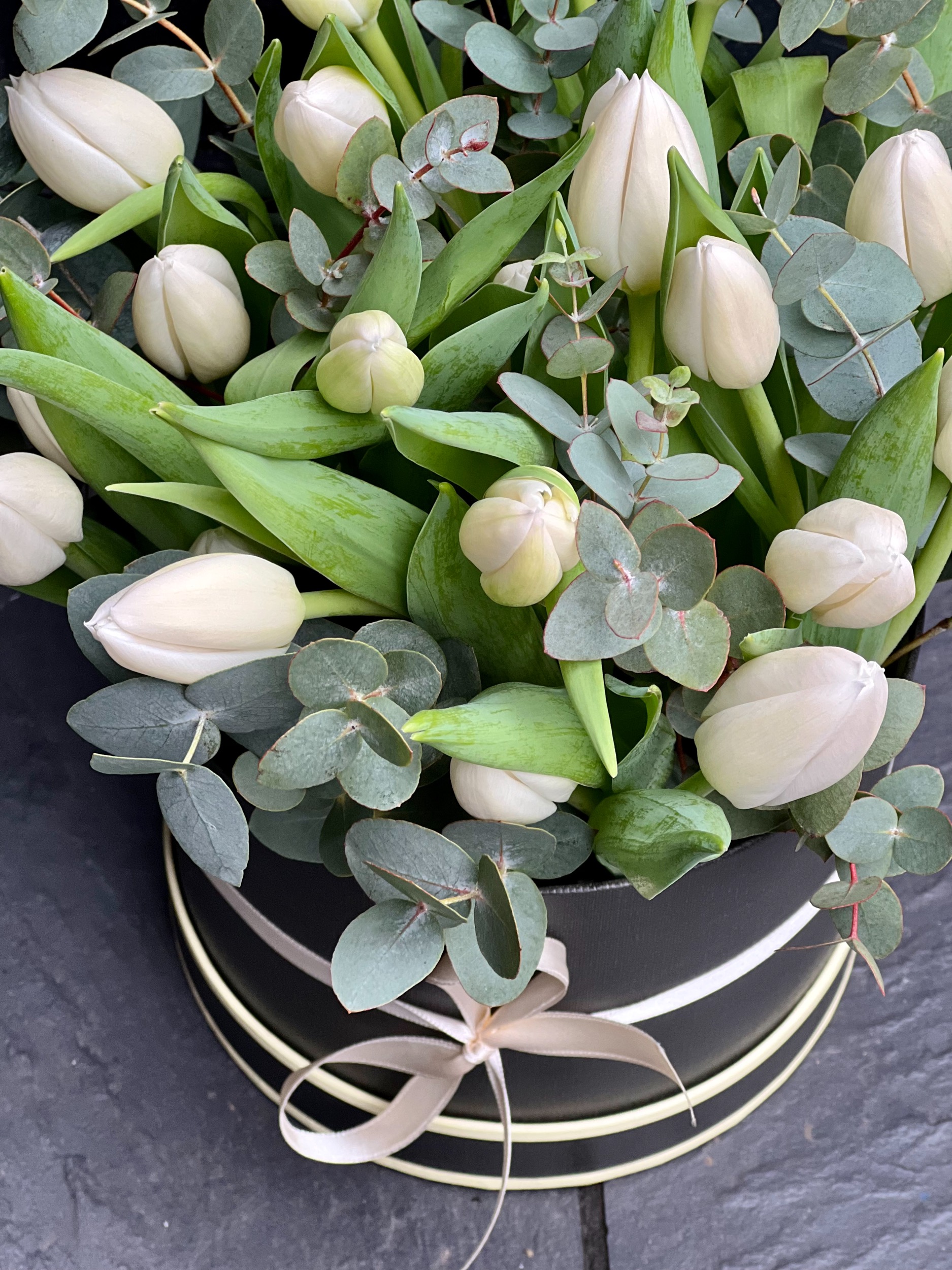 White tulips in a box